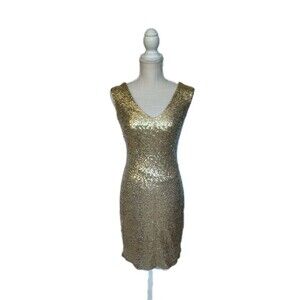 Christina Wu Gold Sequin Fitted Evening Cocktail Party Dress Size 4